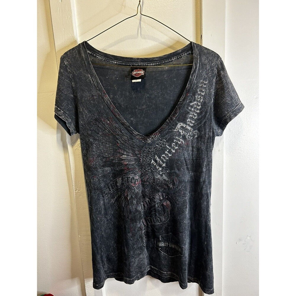 Harley Davidson Women’s V Neck T Shirt Studded With Wings Women’s Medium